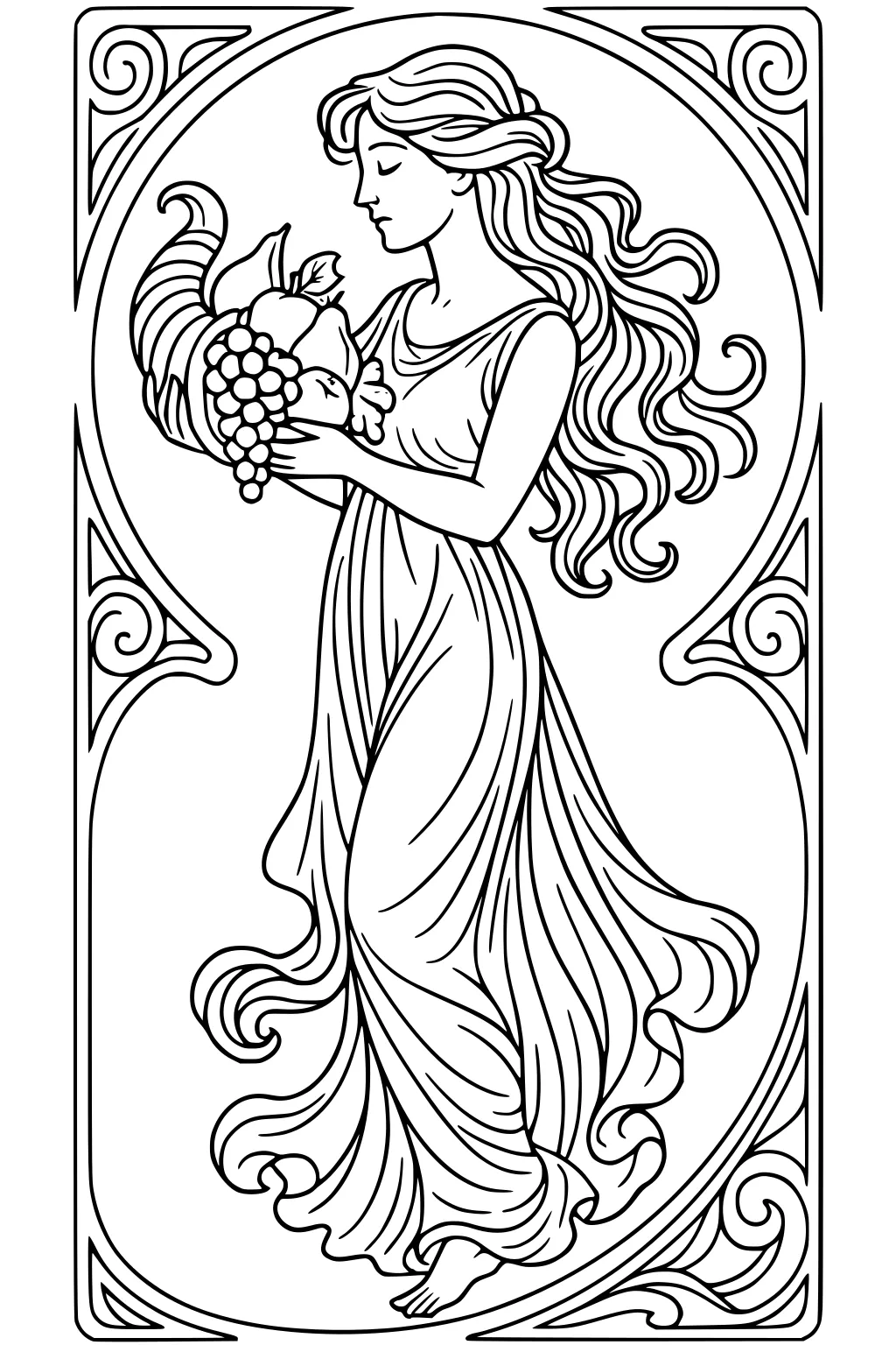 Woman with flowing hair holds a cornucopia of grapes, apples, and pumpkin, wearing a draped gown inside an ornate swirled frame.