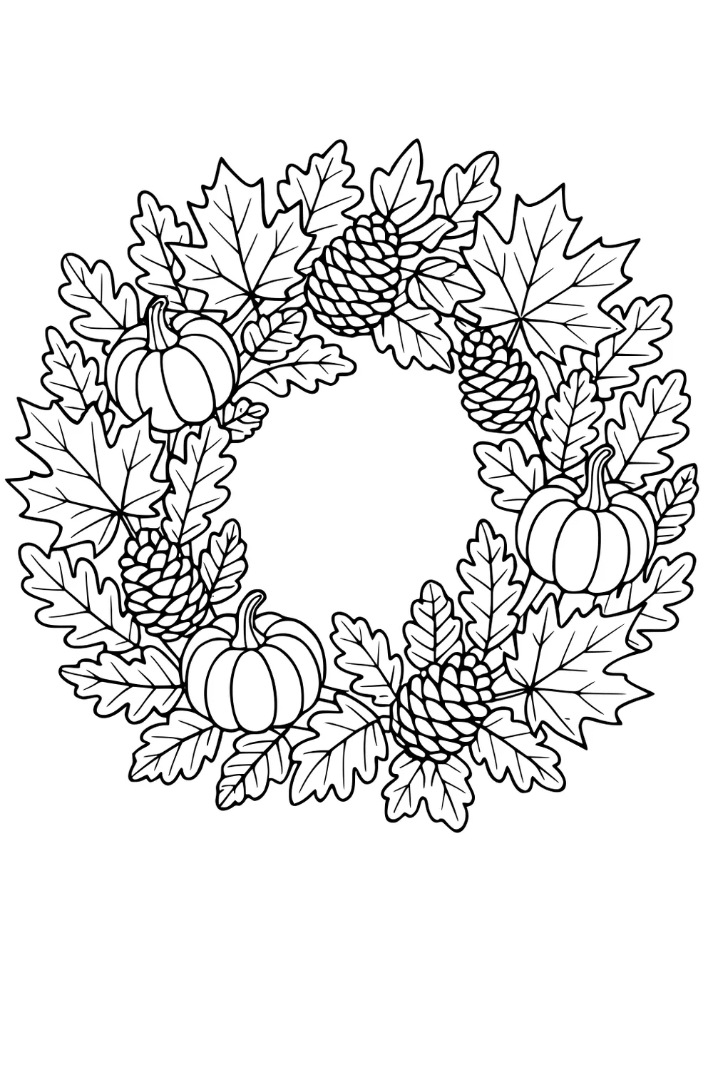 Autumn wreath of maple and oak leaves with pinecones and small pumpkins forming a circle with an open center, outlined for coloring.