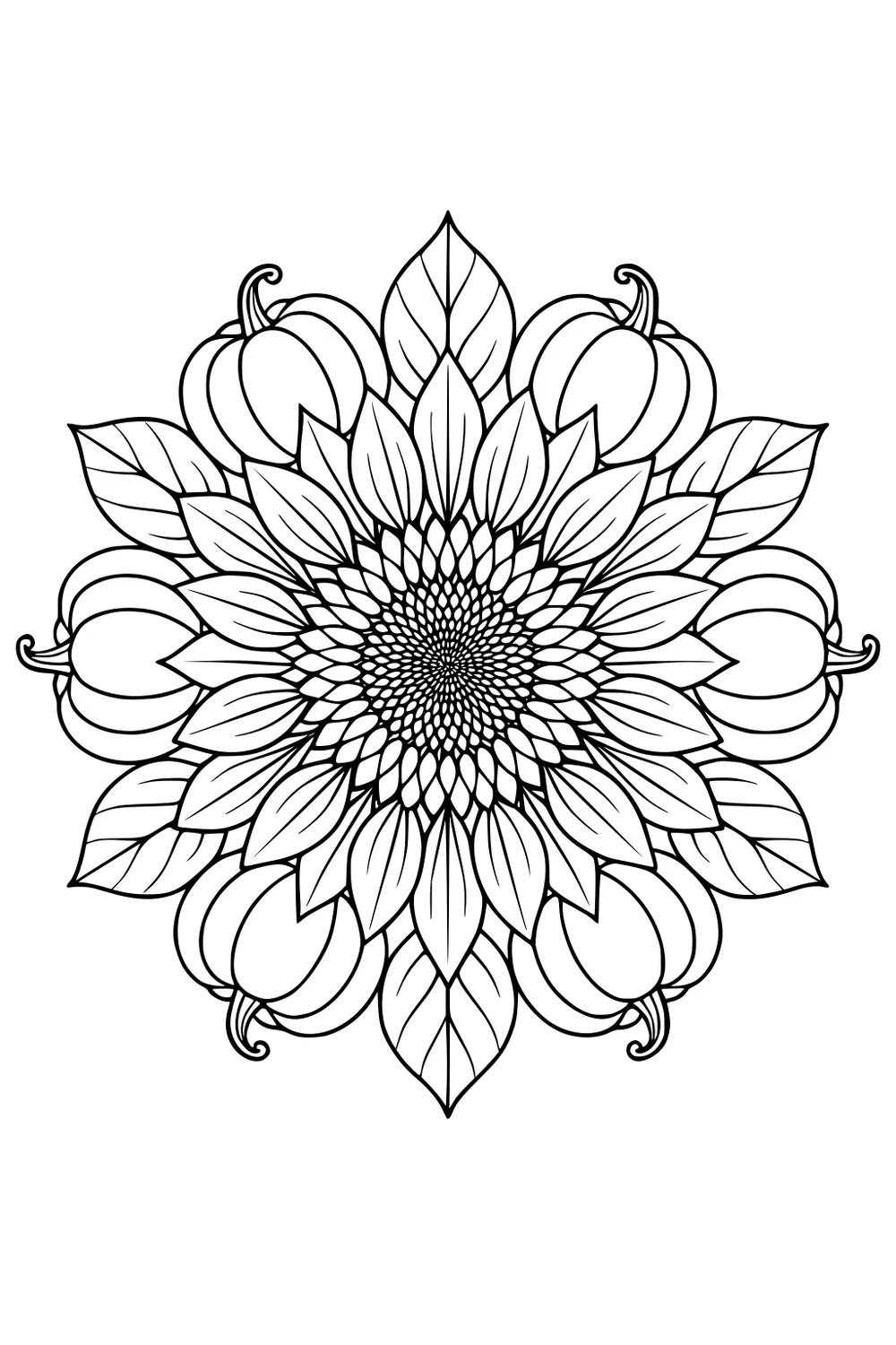 Sunflower mandala with many petals, tiny seed center, and pumpkins with curling stems arranged in a circle among leaves.