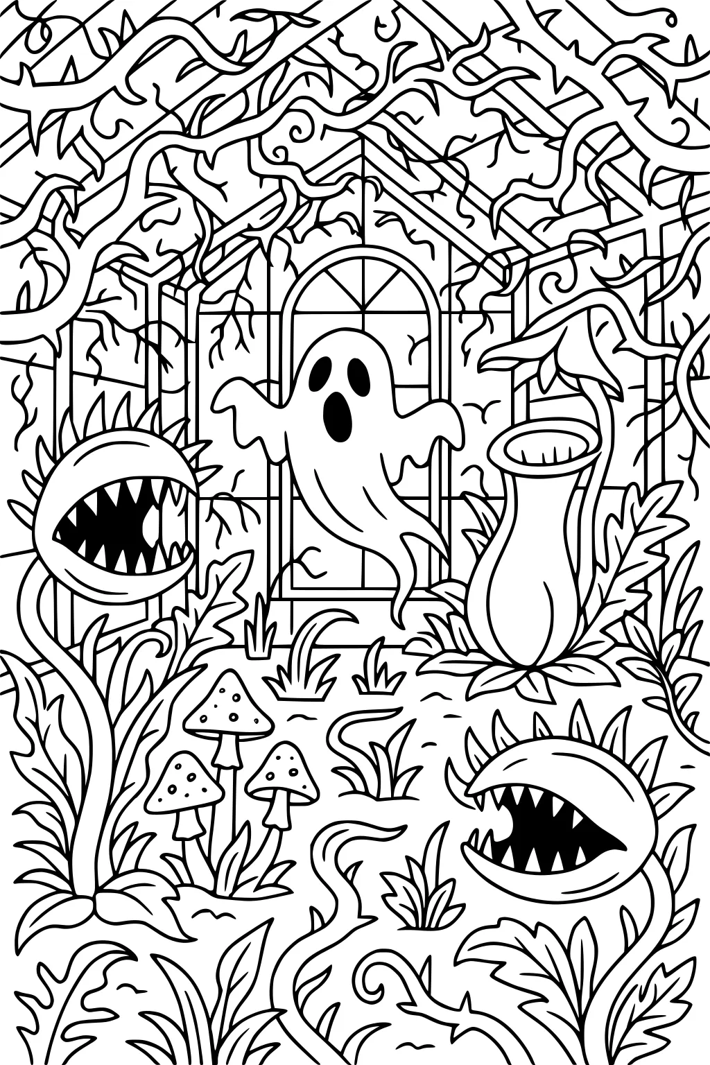 Ghost in a thorny greenhouse with two flytraps, a tall pitcher plant, spotted mushrooms, curling vines, and an arched window.