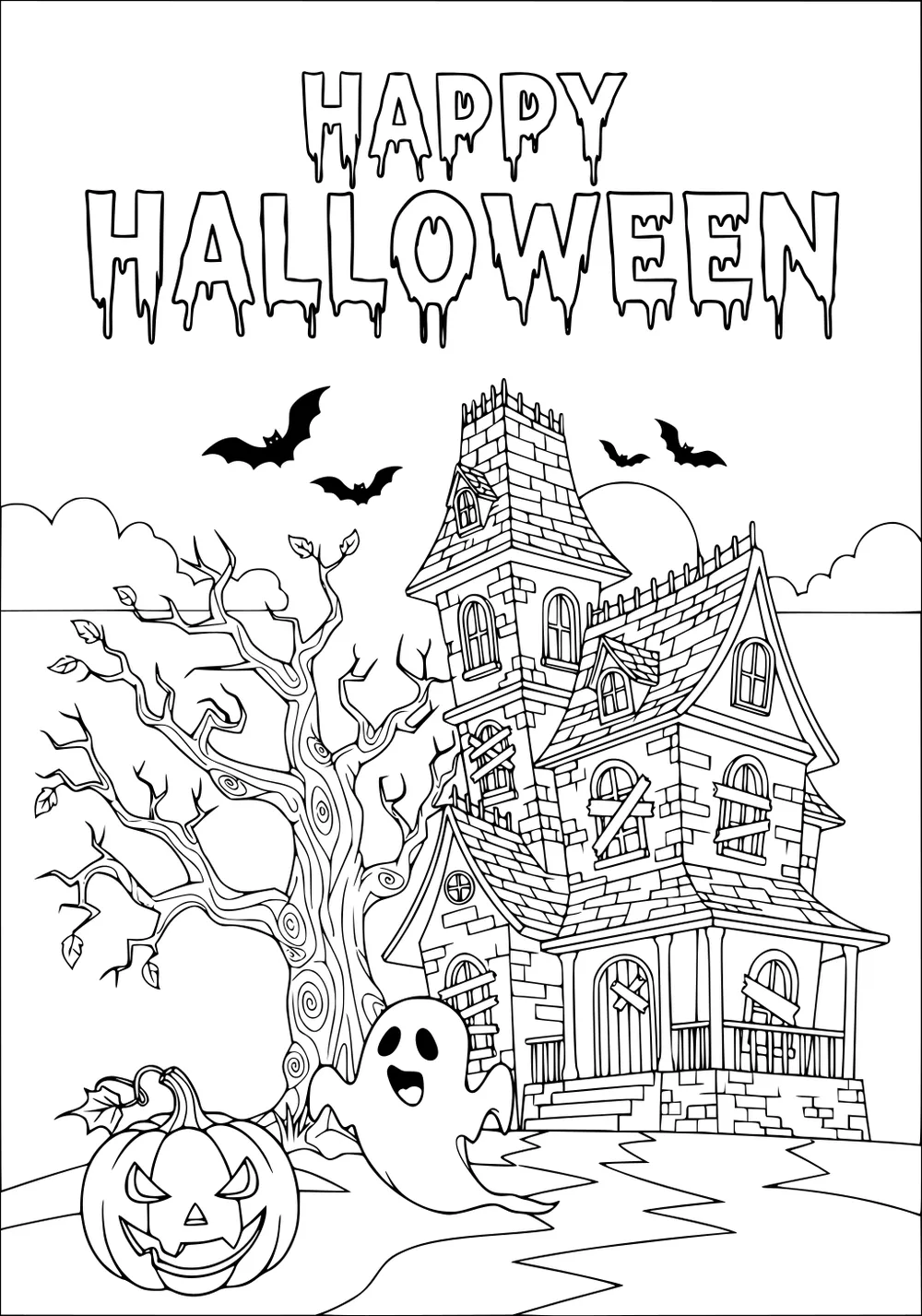 Haunted house with boarded windows, friendly ghost, jack-o-lantern, twisted tree, bats, clouds, and Happy Halloween text overhead.