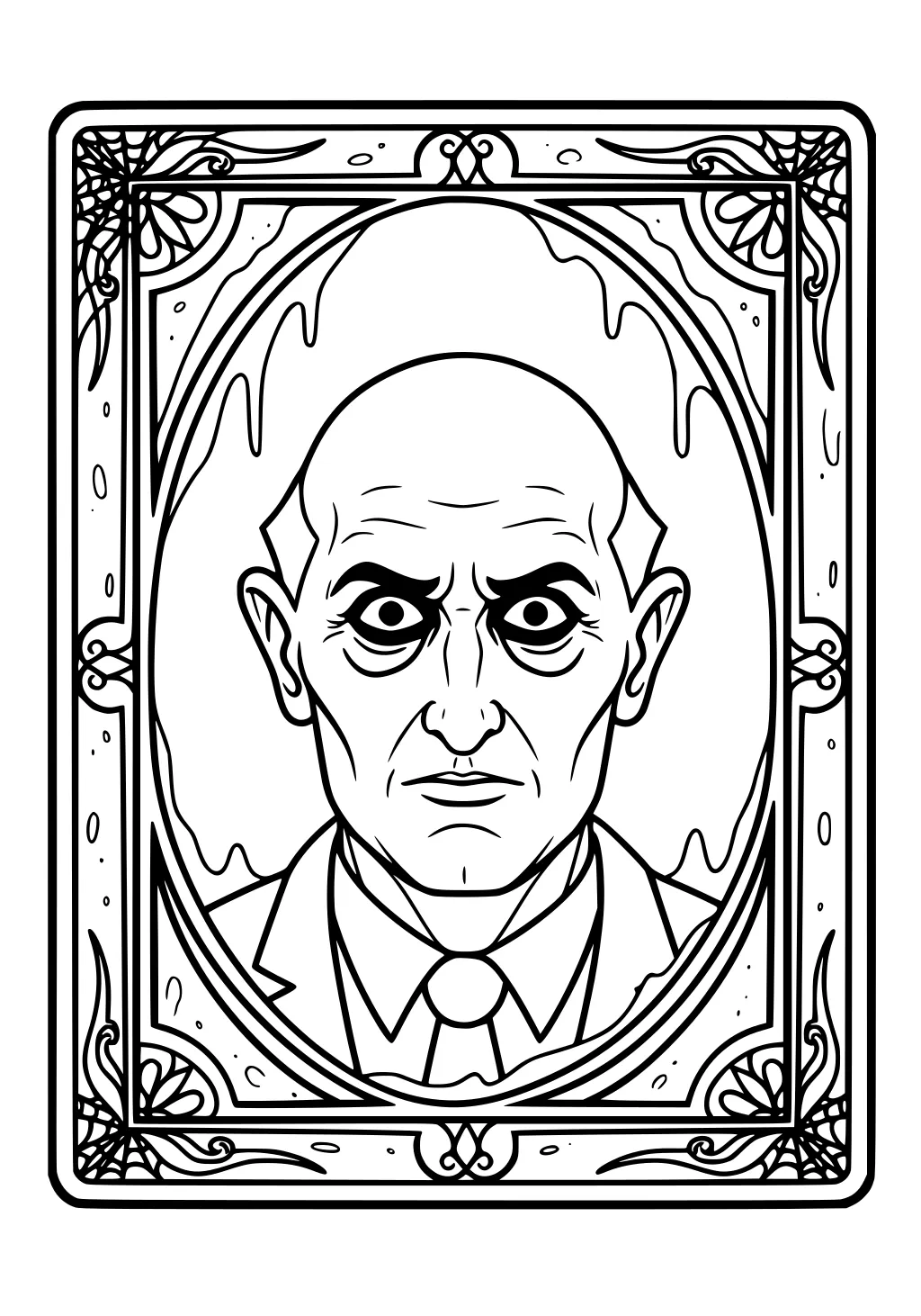 Haunted portrait of a bald man in a suit inside an ornate frame with cobwebs and drippy slime accents.
