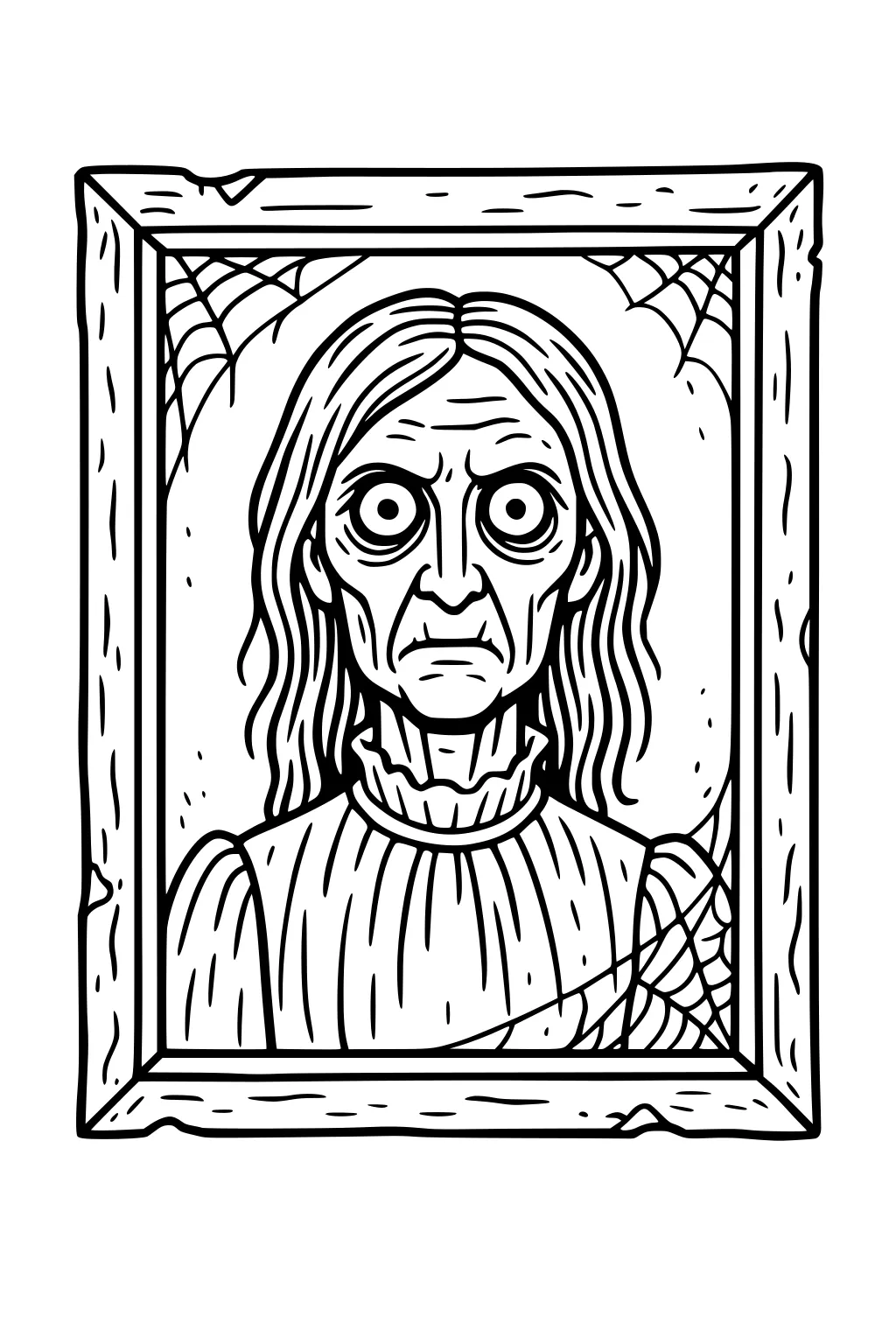 Old woman portrait in wooden frame with cobwebs, large staring eyes, long hair, and a high-neck dress in black-and-white line art.
