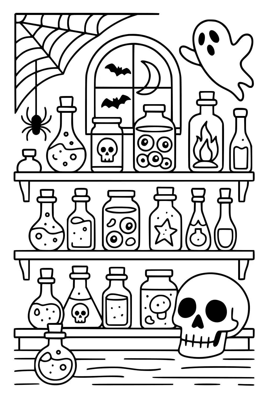 Potion shelves with jars, eyeballs, flasks, a skull, floating ghost, spider web, and a window showing crescent moon and bats.