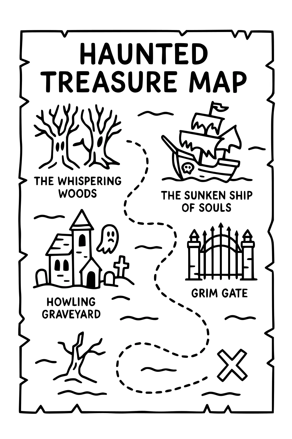Haunted treasure map with dashed path, spooky trees, pirate ship, graveyard with ghost, iron gate, torn edges, and a big X.