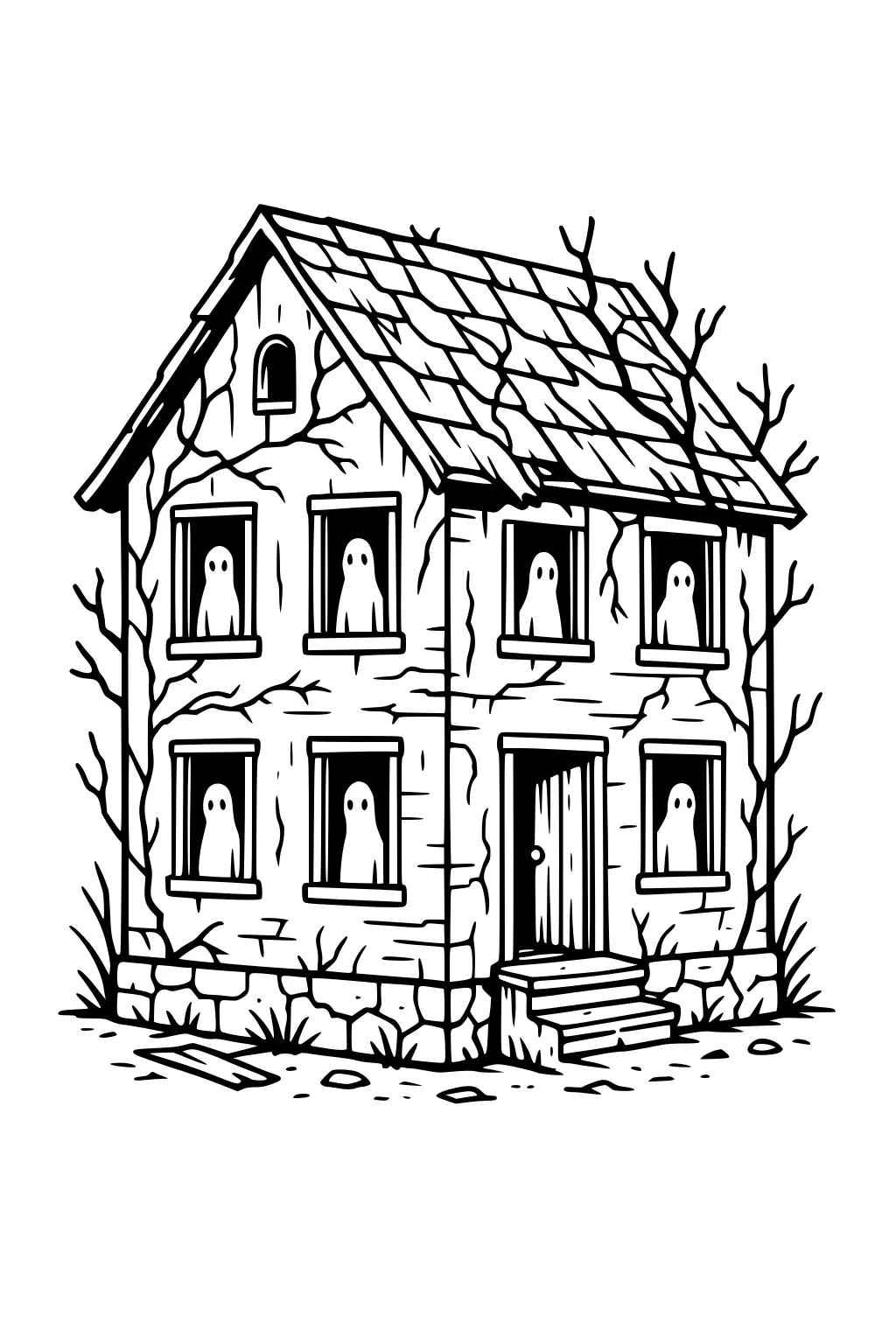 Two-story haunted house with cracked walls, shingled roof, bare branches, open door, and six small ghosts peeking from the windows.