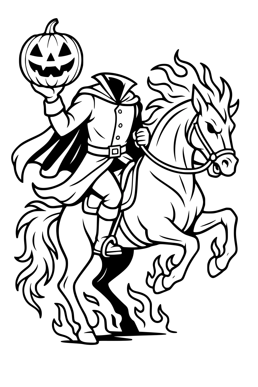 Headless horseman on a rearing horse holding a grinning jack-o'-lantern, cloak flowing, fiery mane and hooves, with reins and saddle.