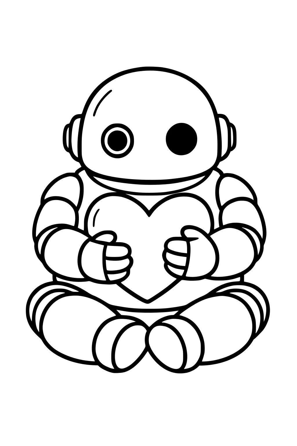 Cartoon robot with round head sits cross-legged, holding a big heart; one eye is solid black, the other has a ring.