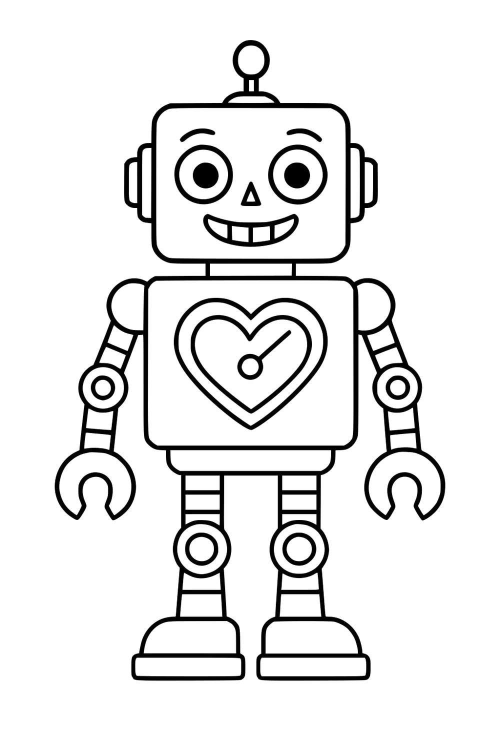 Smiling square-headed robot with antenna, heart gauge on chest, claw hands, striped limbs, round joints, and big boots, outlined in bold lines.