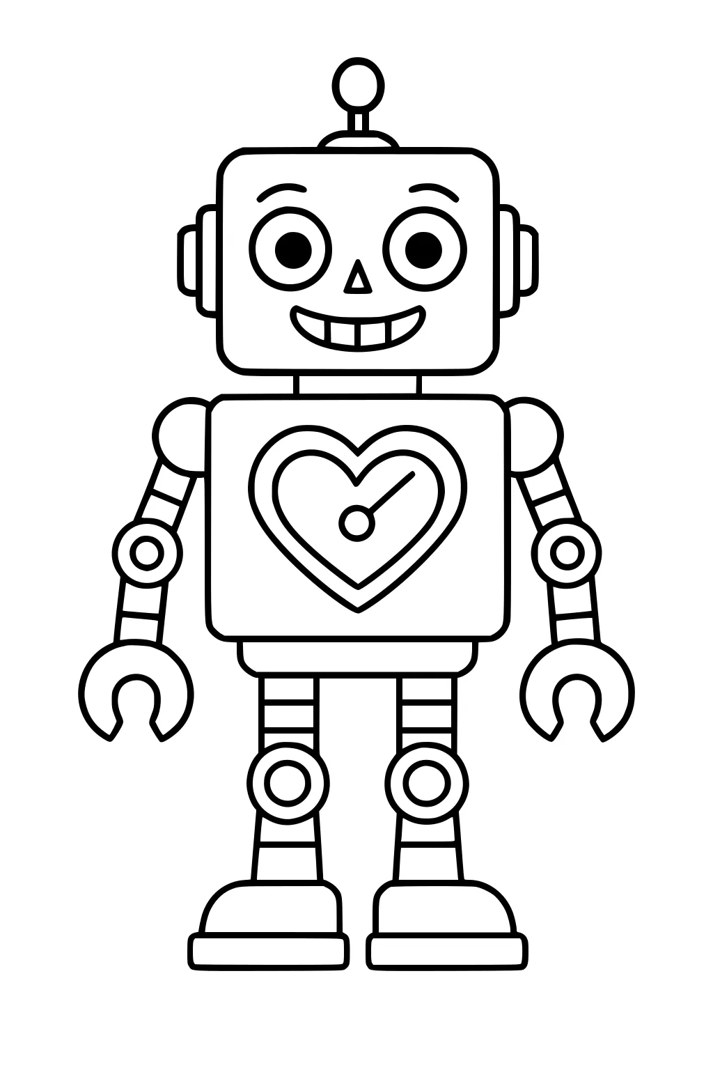 Smiling square-headed robot with antenna, heart gauge on chest, claw hands, striped limbs, round joints, and big boots, outlined in bold lines.