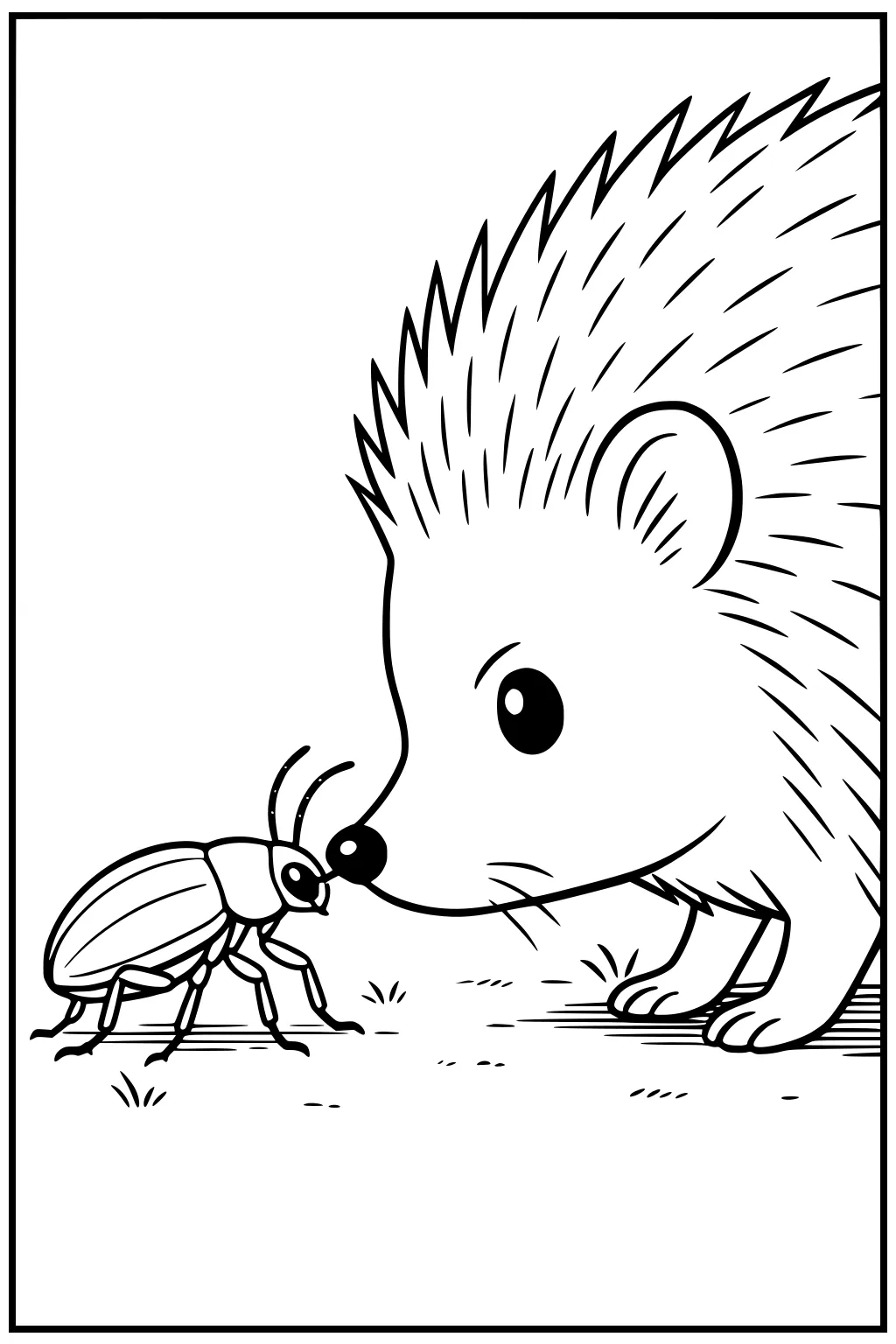 Cartoon hedgehog and beetle touching noses, both facing each other, standing on grass with simple outlines.