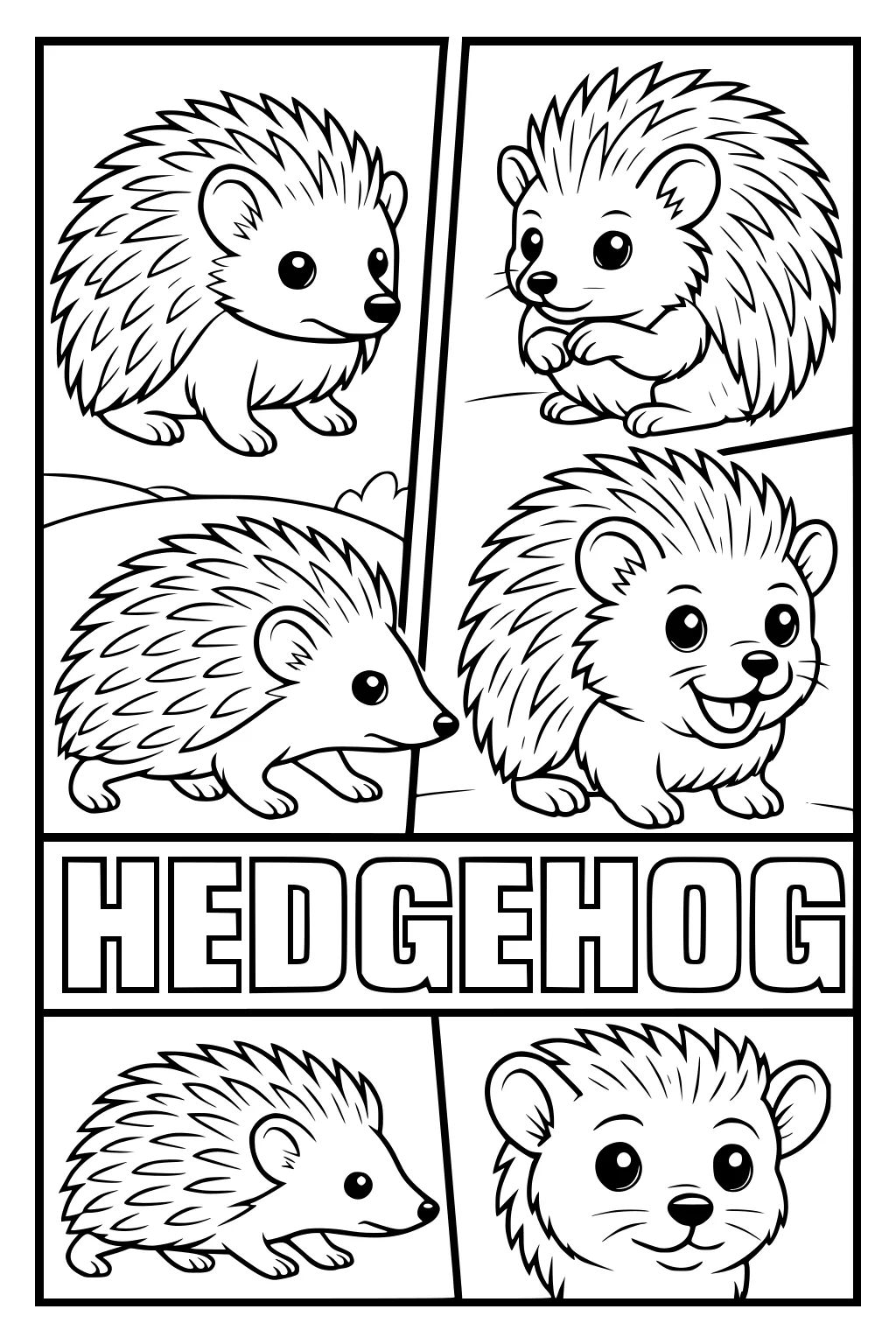 Five cartoon hedgehogs with big eyes and spikes in comic panels, with the word HEDGEHOG below in bold letters.