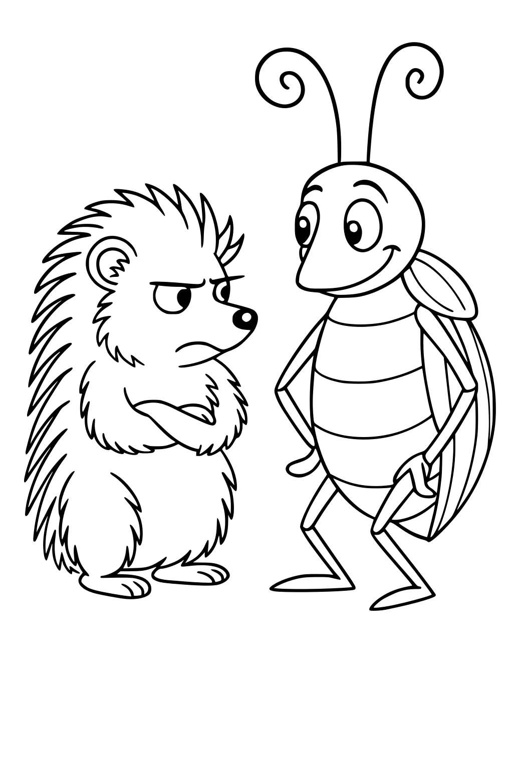 Hedgehog with crossed arms frowning at a smiling bug with curly antennae and striped belly, both standing side by side.