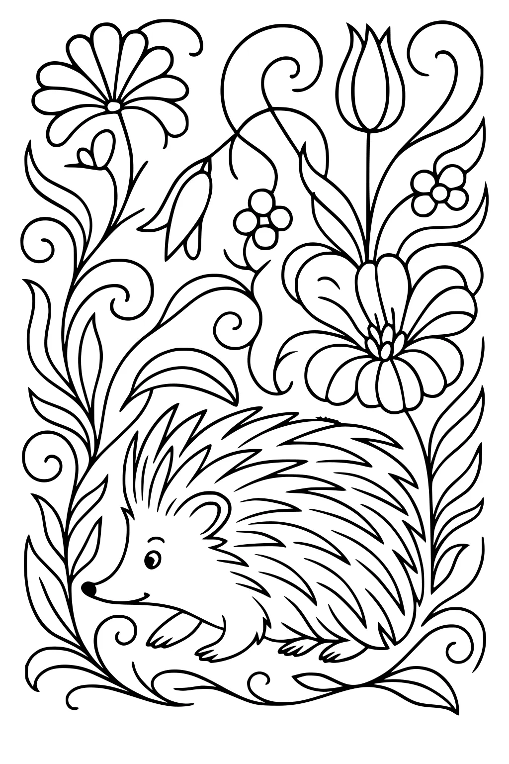 Hedgehog sitting among large flowers, curved leaves, and swirling plant stems with berries.