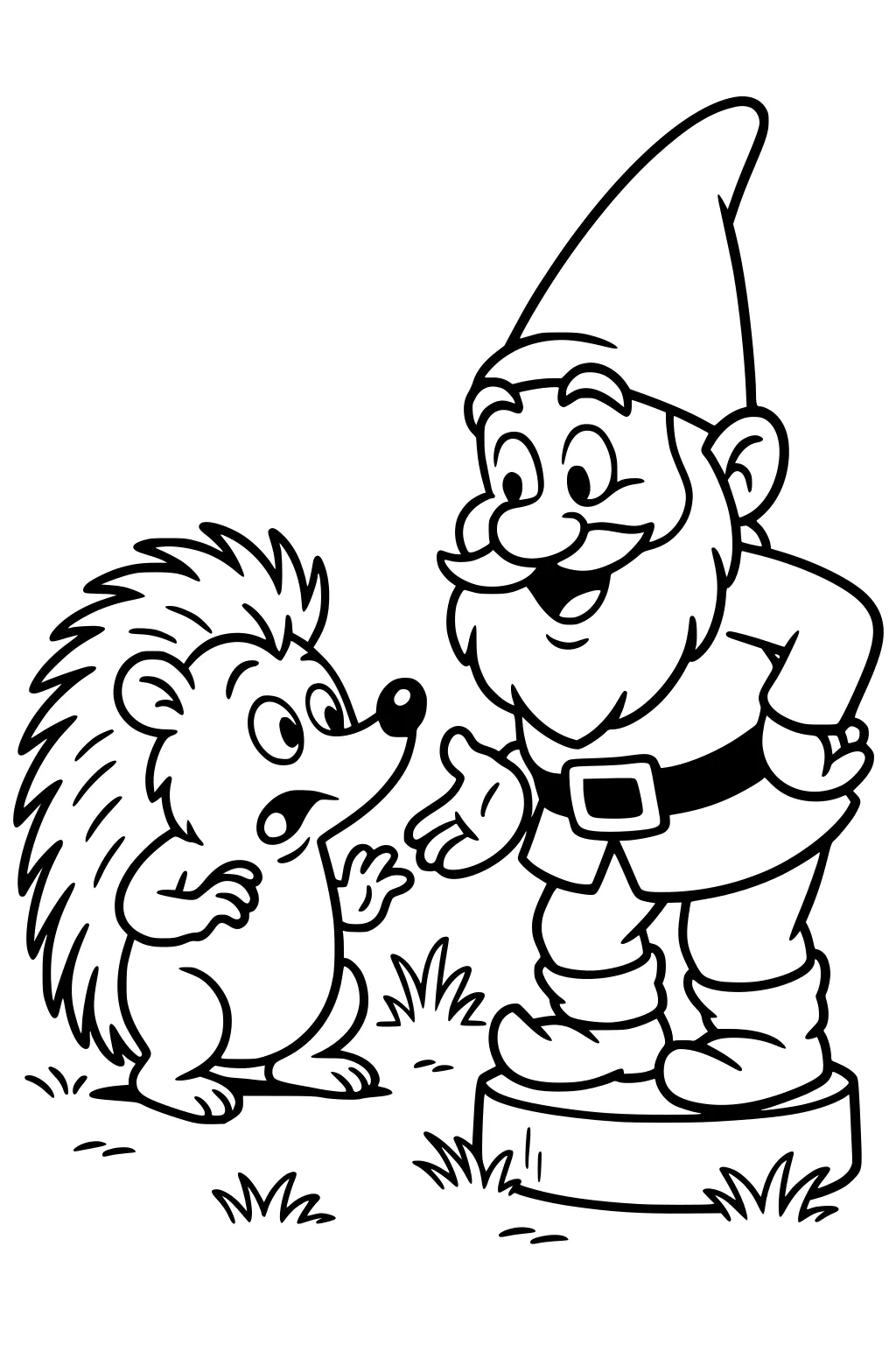 A surprised hedgehog faces a smiling gnome with a tall hat, standing on a stone. Grass grows around their feet.
