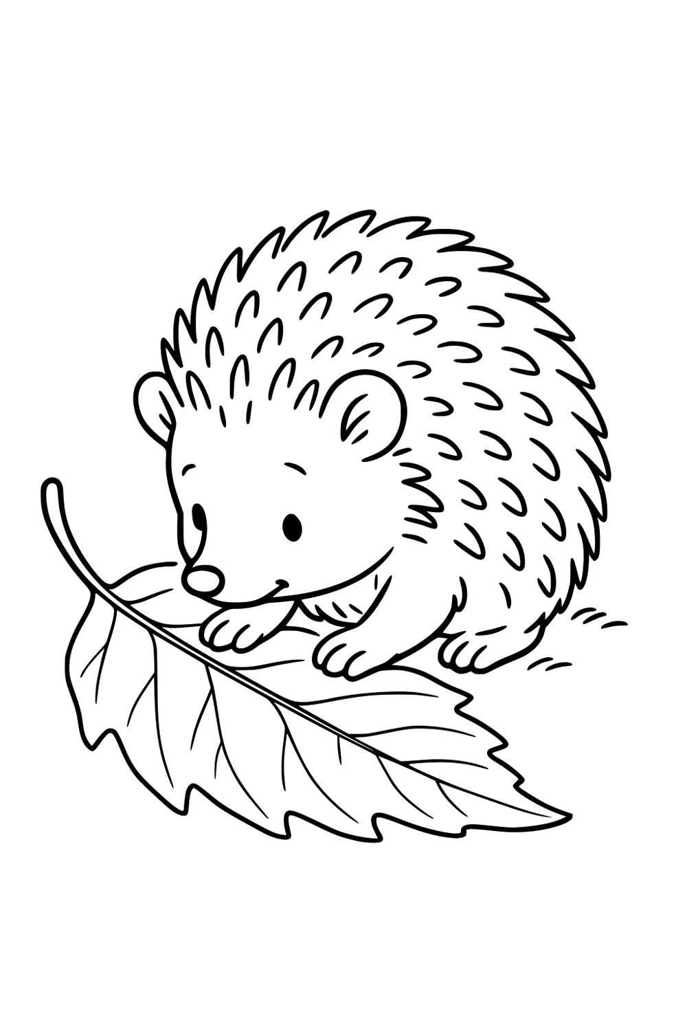 Small hedgehog with rounded spikes and big eyes stands on a wide leaf, with grass shown below.