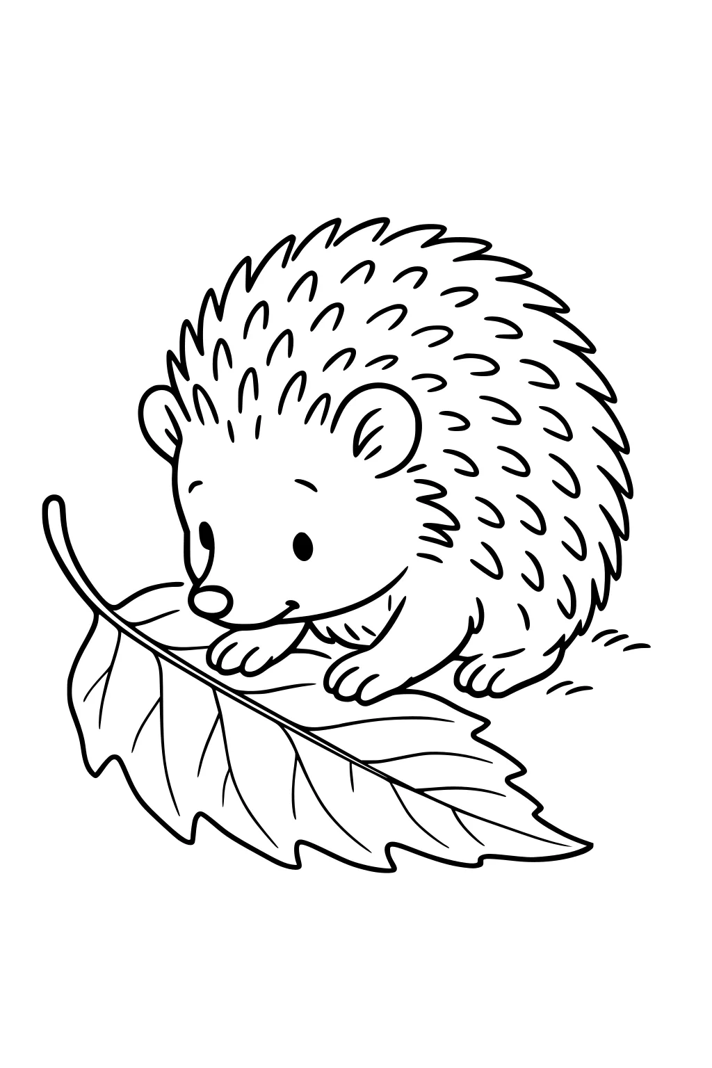 Small hedgehog with rounded spikes and big eyes stands on a wide leaf, with grass shown below.