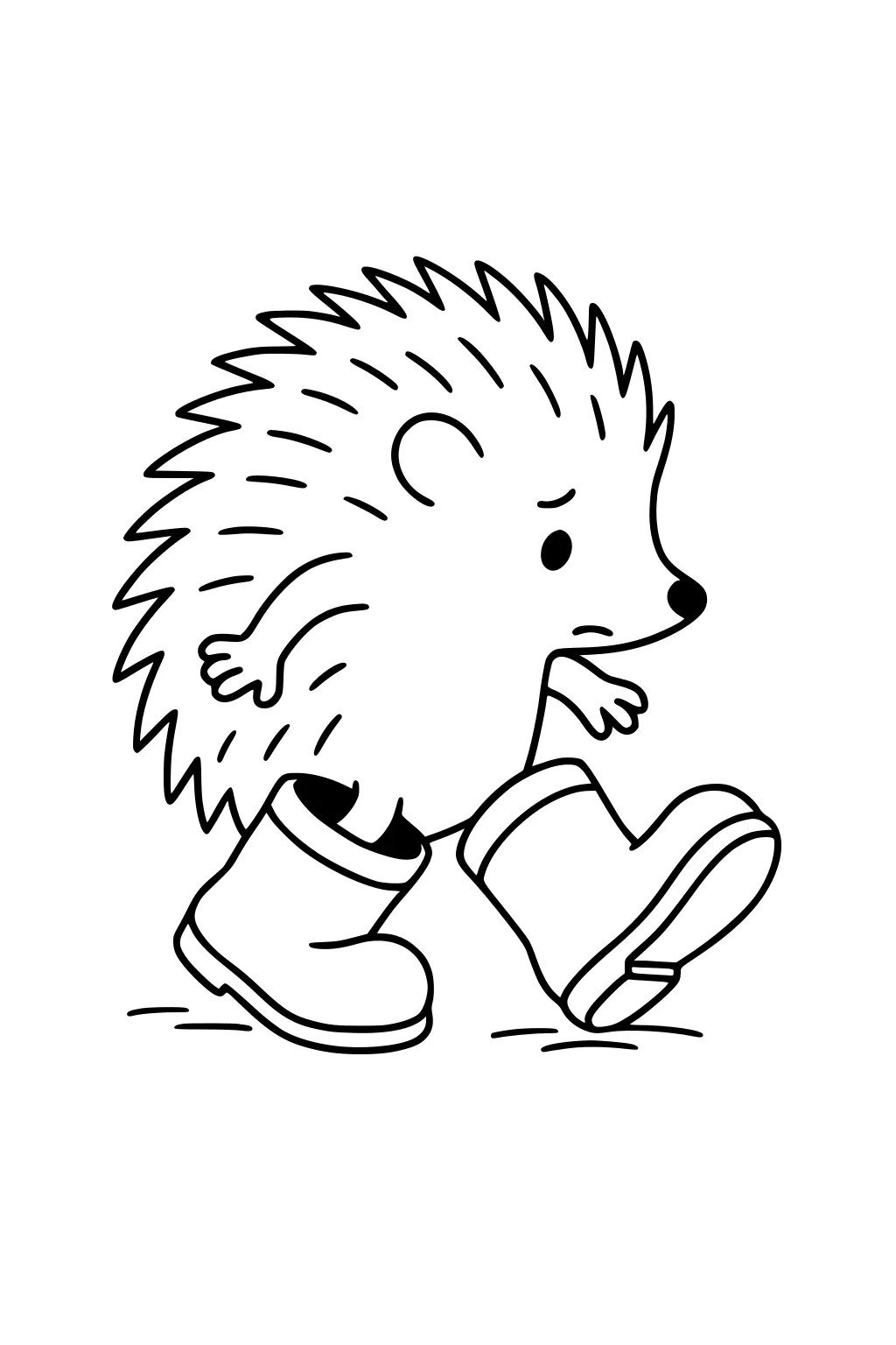 Cartoon hedgehog with spiky back, wearing giant boots, walking and looking puzzled on a plain background.