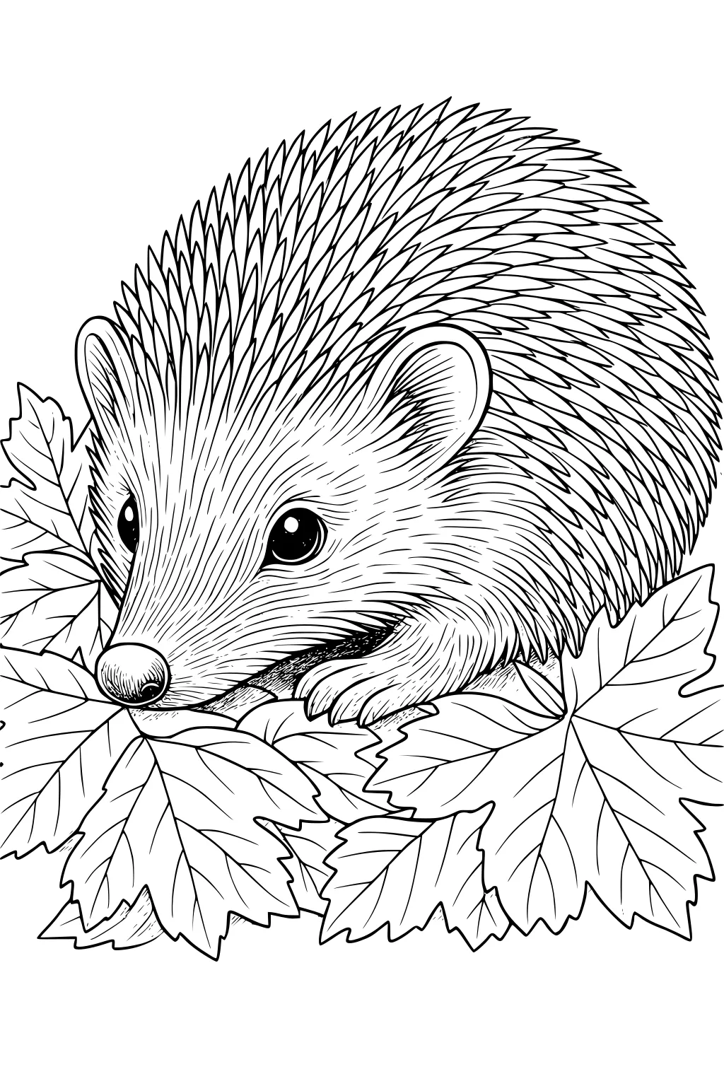 Hedgehog resting on a pile of large leaves, with many spiky quills and a small nose in a line art style.