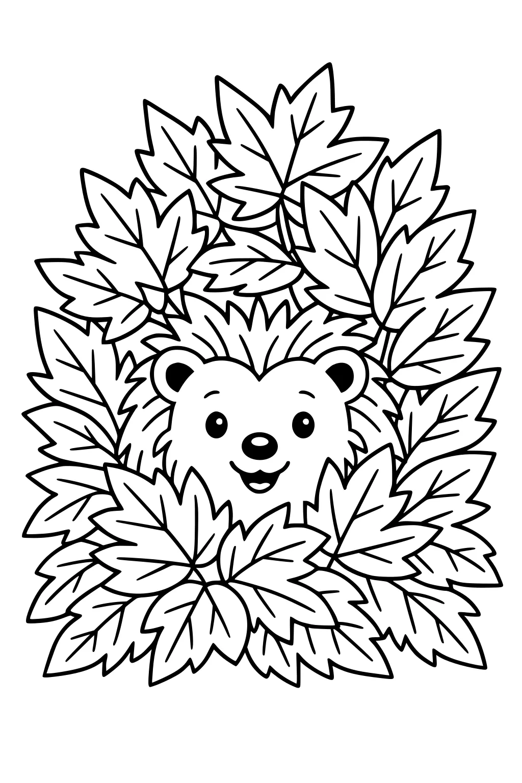 Hedgehog with a happy face peeking through a dense border of overlapping maple leaves.