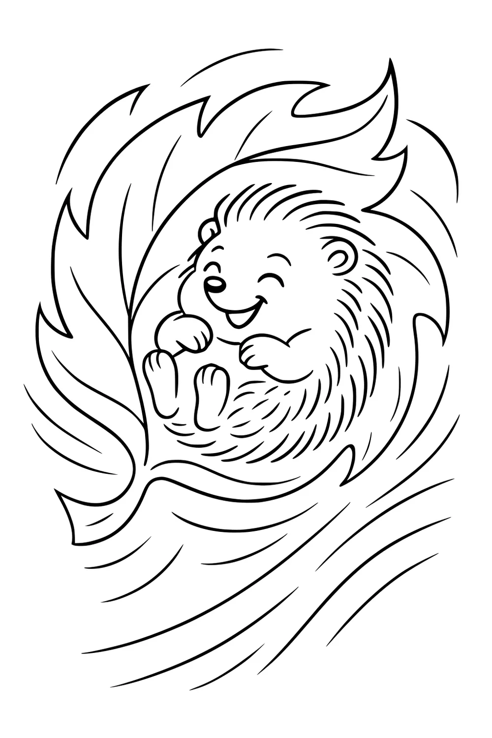 Happy hedgehog curled up in a large leaf with swirly motion lines in the background.