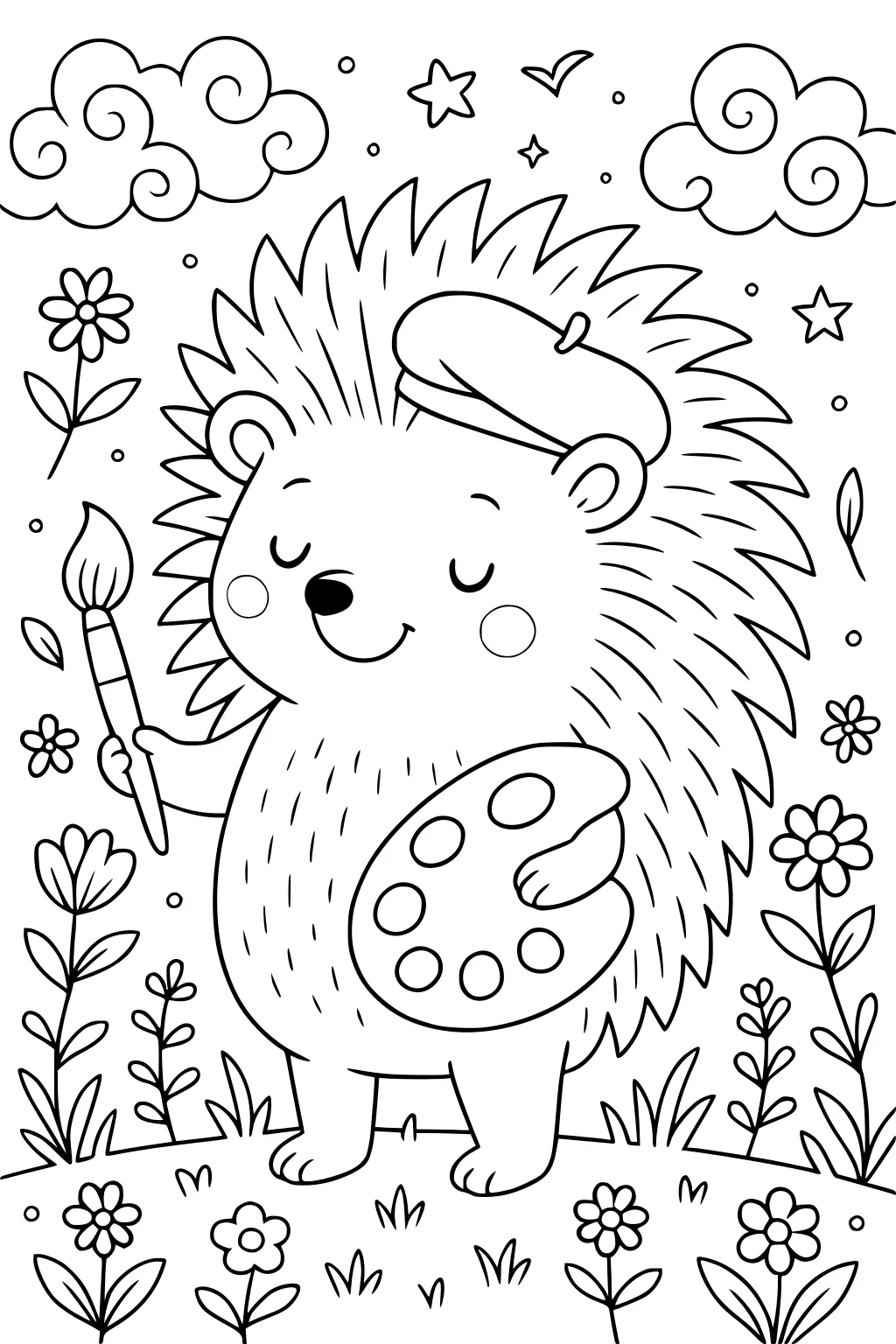 Hedgehog with beret holding paintbrush and palette in a meadow with flowers, clouds, stars, and birds.