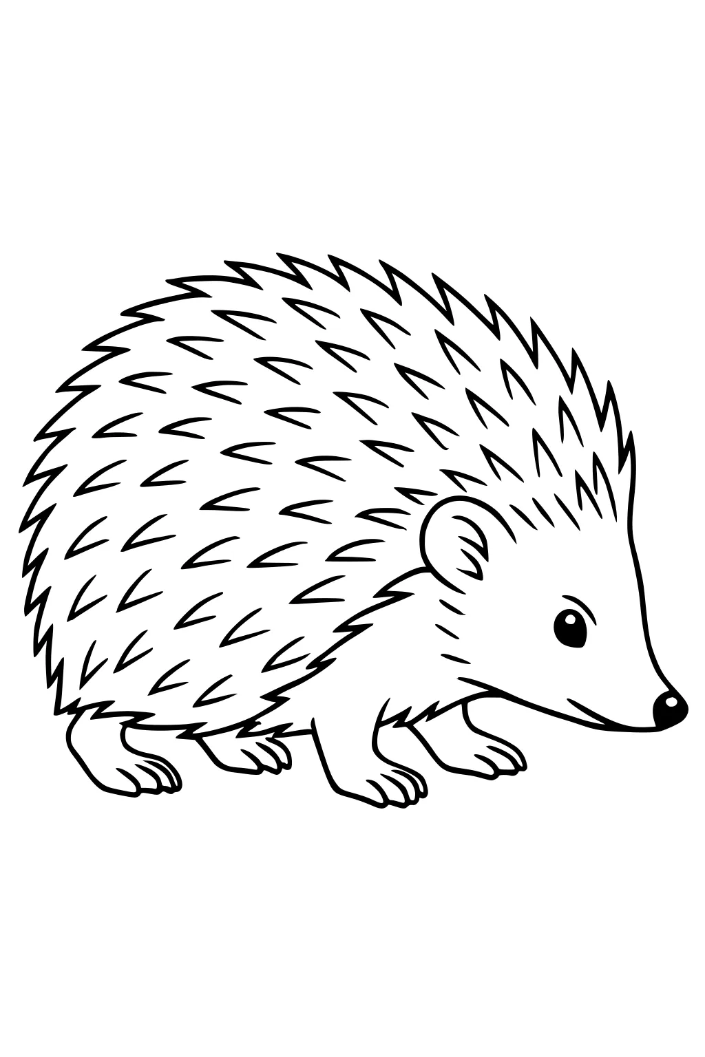Outlined hedgehog with spiky quills, small feet, and pointy nose walking to the right.