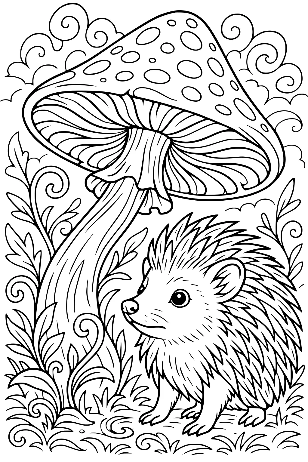Hedgehog under a tall spotted mushroom, with curly grass, leafy plants, and swirly clouds in the background.