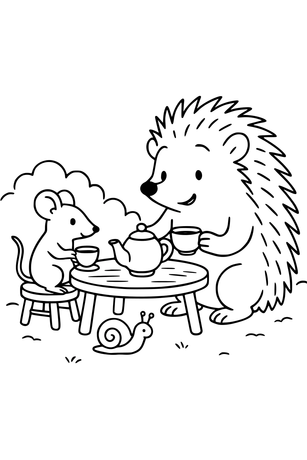 Hedgehog and mouse sit at a low table with tea cups and a teapot, while a snail moves in front of them on the grass.