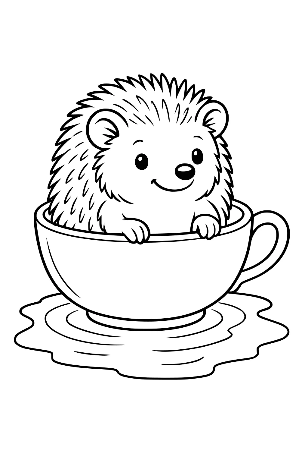 Cartoon hedgehog sitting in a teacup with paws on the edge and a puddle beneath the cup.