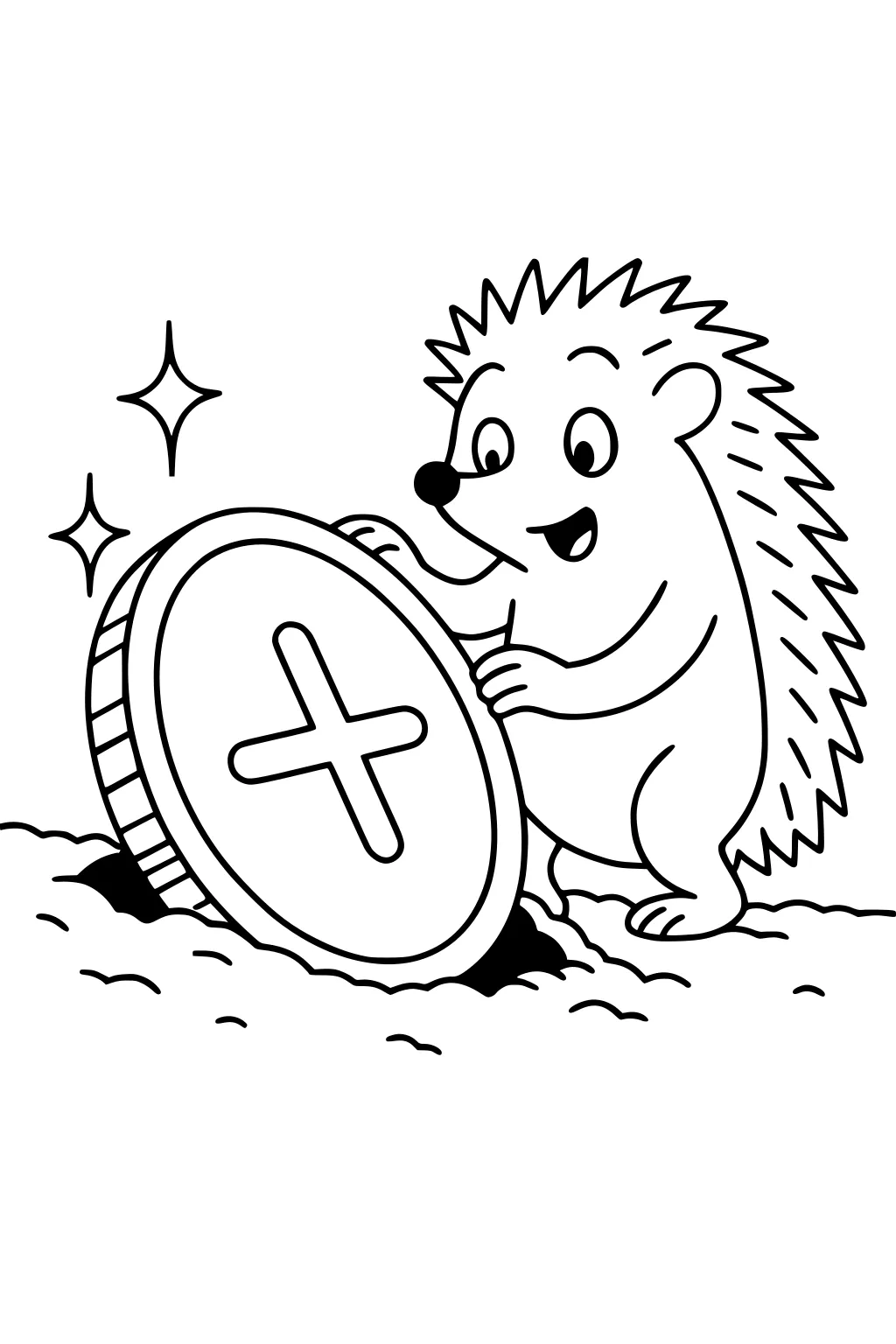 Cartoon hedgehog digging up a giant coin marked with an X, surrounded by sparkles and soft patches of ground.
