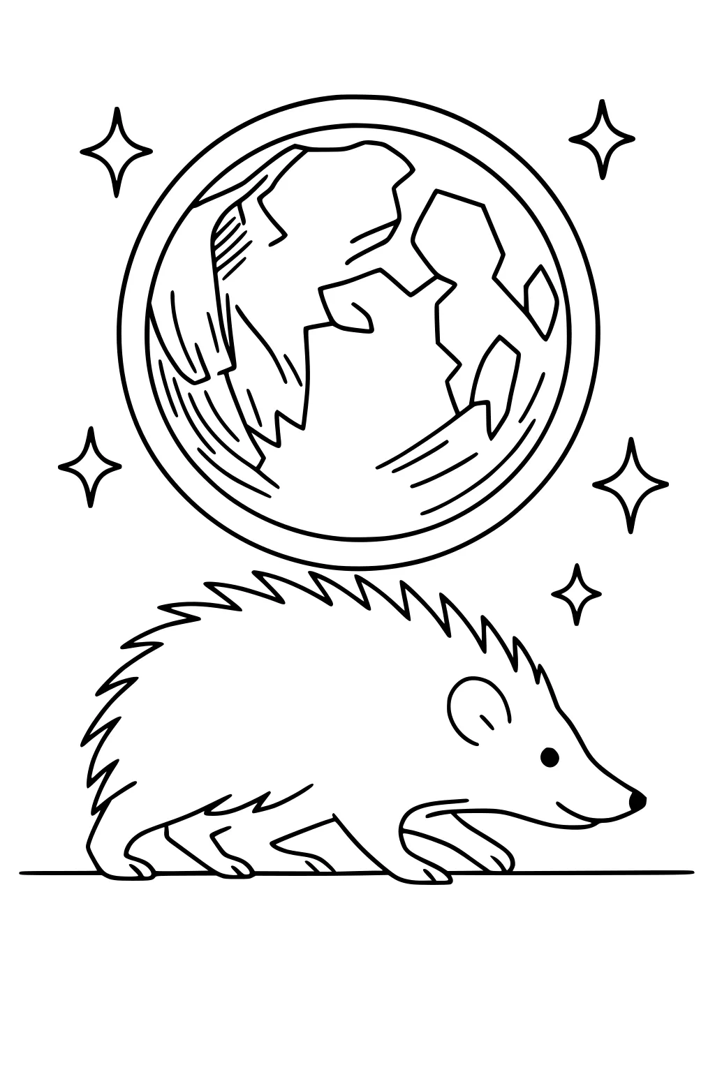 A hedgehog tiptoes under a large Earth with four sparkling stars in the background.