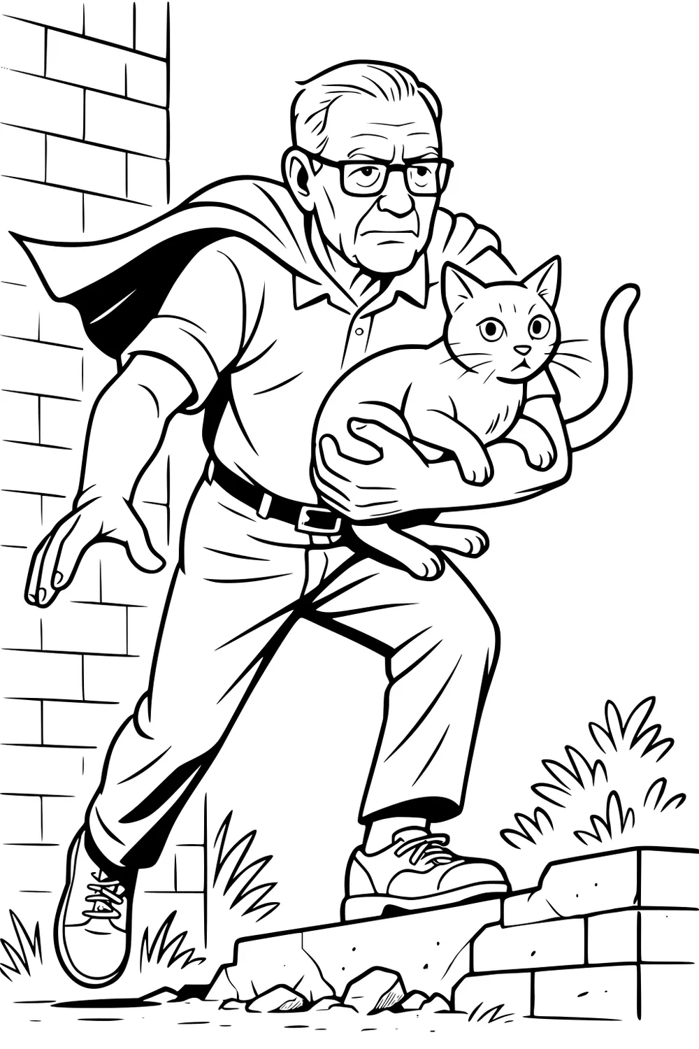 Grandfather in cape holding a cat, stepping over broken steps by a brick wall, wearing glasses, sneakers, bushes nearby.
