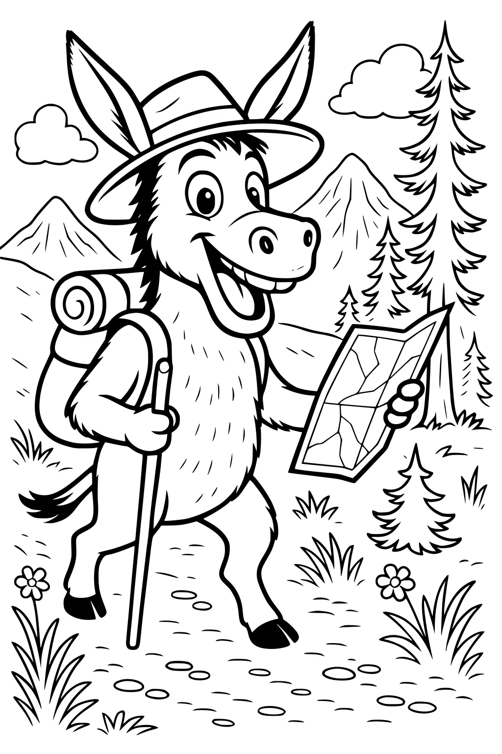 Happy donkey with a hat, backpack, and map hiking on a trail through pine trees and mountains.