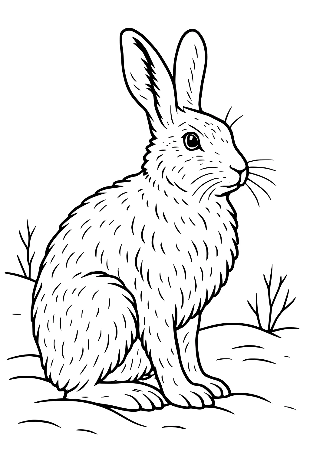 Line drawing of a hare sitting on the ground with upright ears and a fluffy coat, surrounded by small branches.
