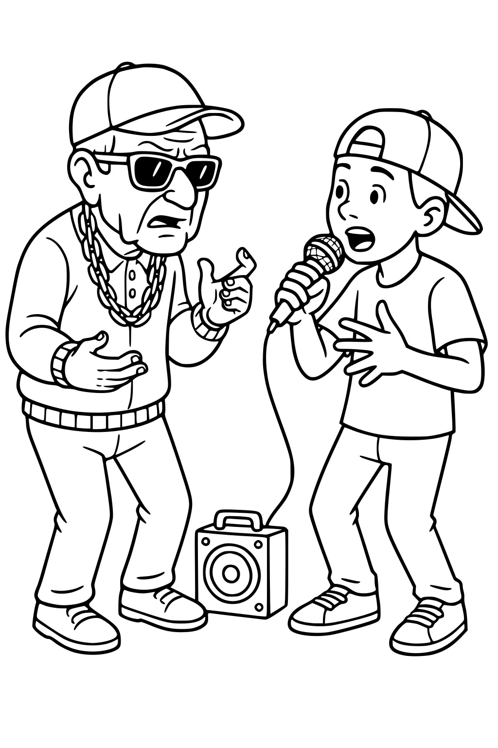 Grandpa in sunglasses and cap raps with grandson holding a microphone; small speaker between them, both wearing sneakers.