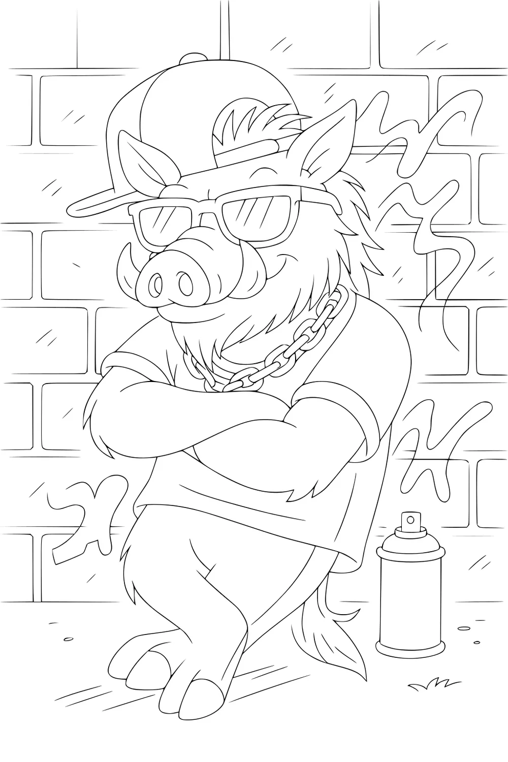 Cartoon warthog boy in baseball cap, sunglasses, and chain necklace, leaning on brick wall with graffiti and spray paint can.