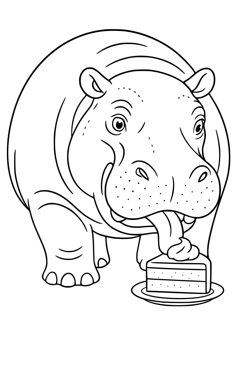 Hippopotamus with wide eyes and tongue out licking a slice of cake on a plate in front of her.