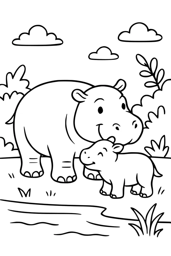 Happy Hippo Walk Beside the Pond