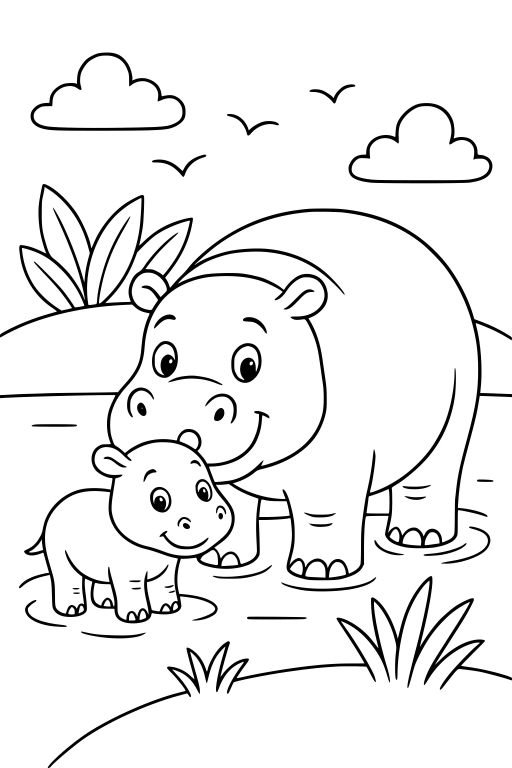 Mother hippopotamus with her baby in a pond, surrounded by grass, clouds, and birds overhead.