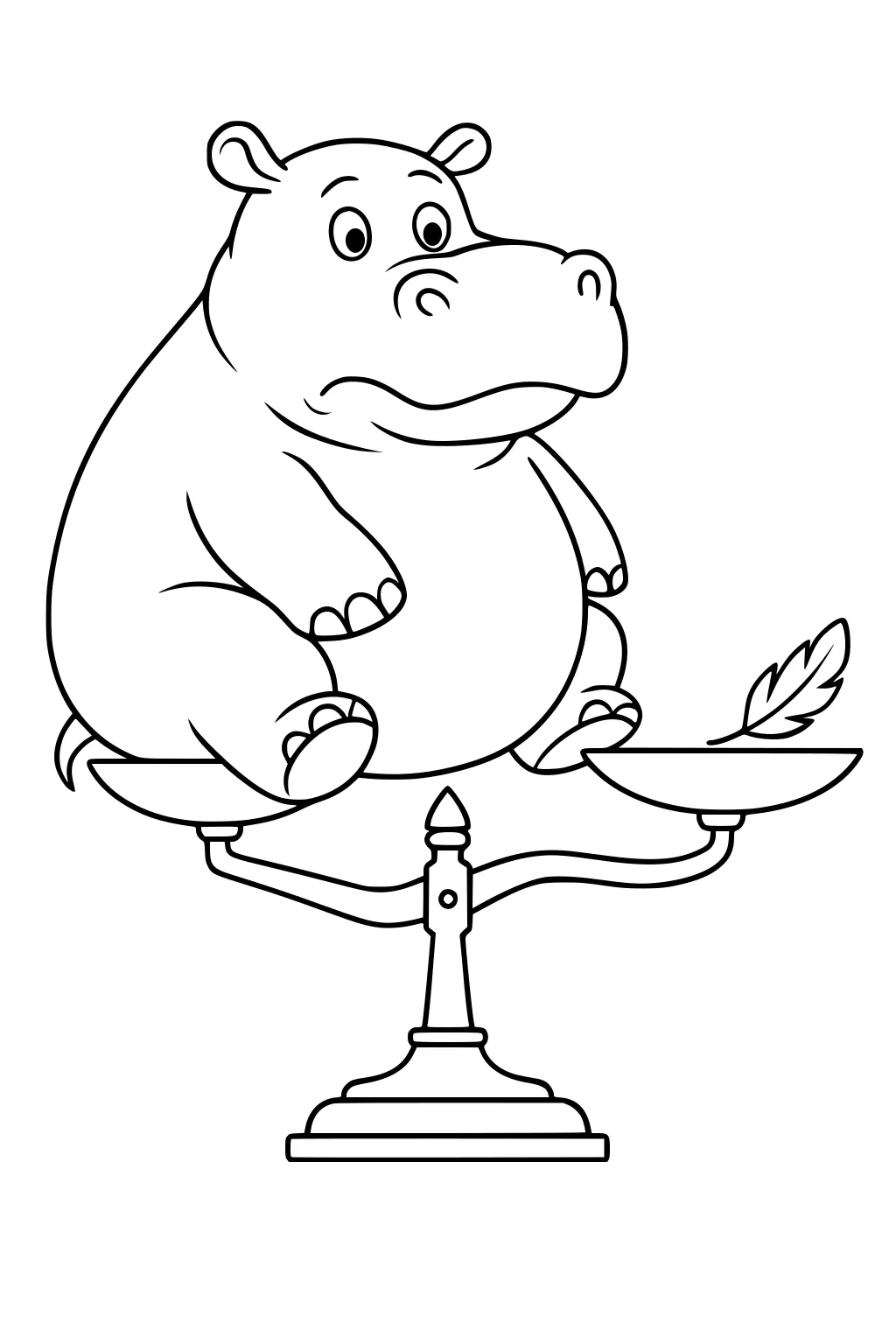 Cartoon hippopotamus sitting on a balance scale opposite a feather, looking surprised.