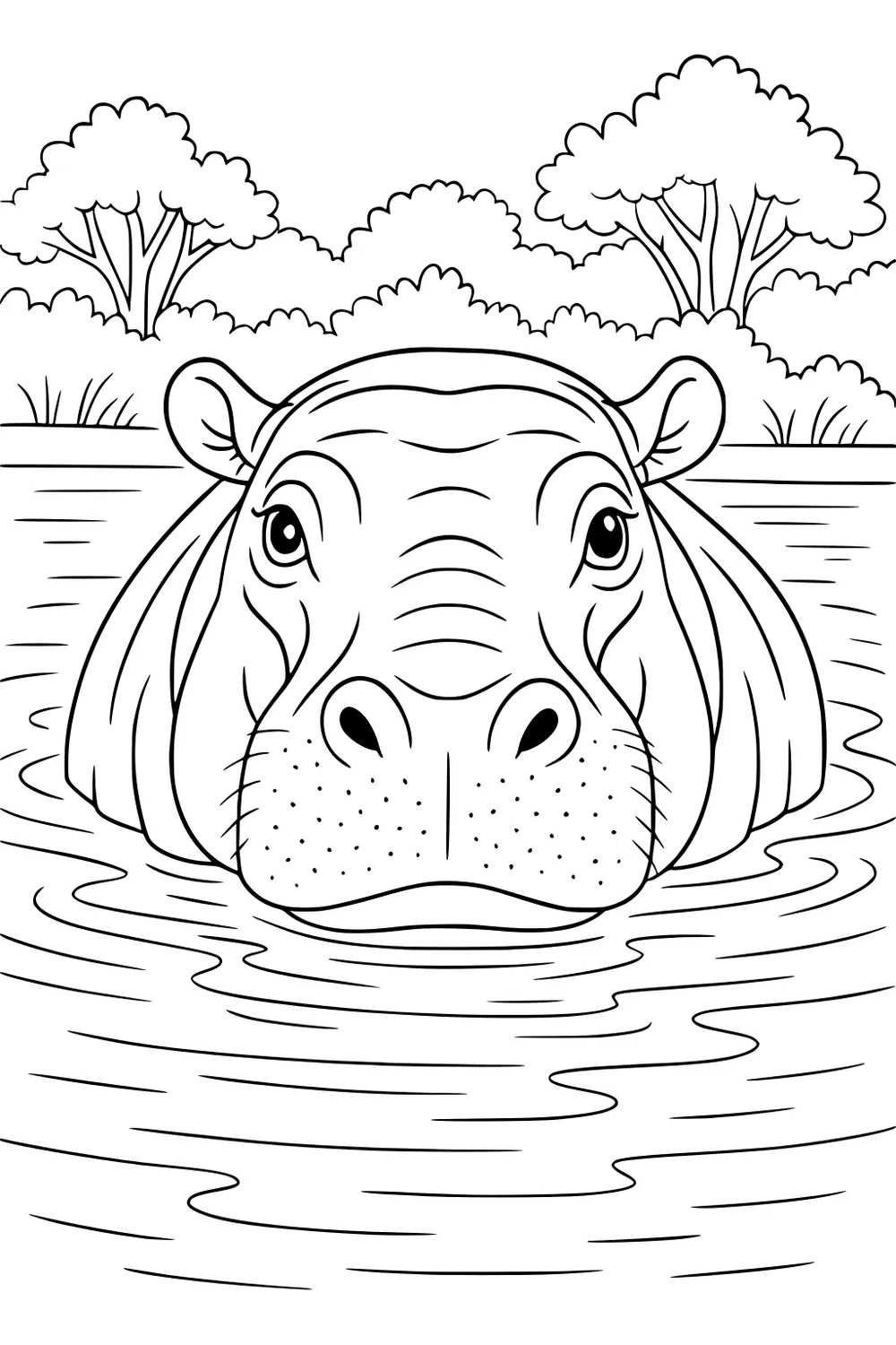 Hippopotamus with large round face peeking out of a river, surrounded by water, trees, and grasses on the riverbank.