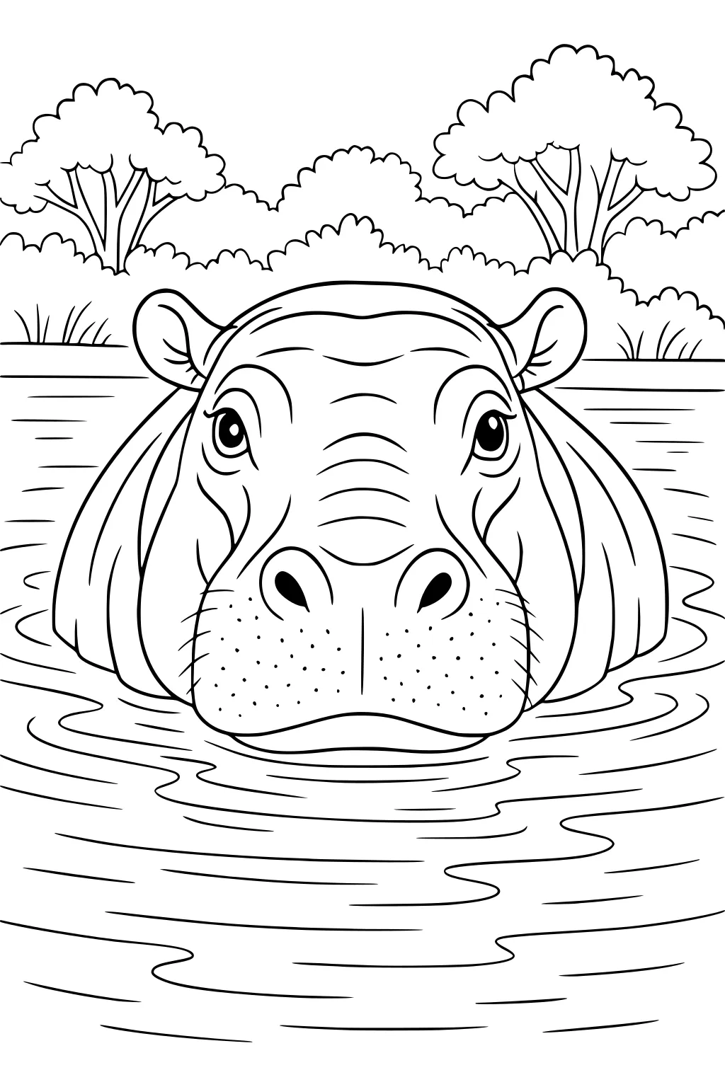 Hippopotamus with large round face peeking out of a river, surrounded by water, trees, and grasses on the riverbank.
