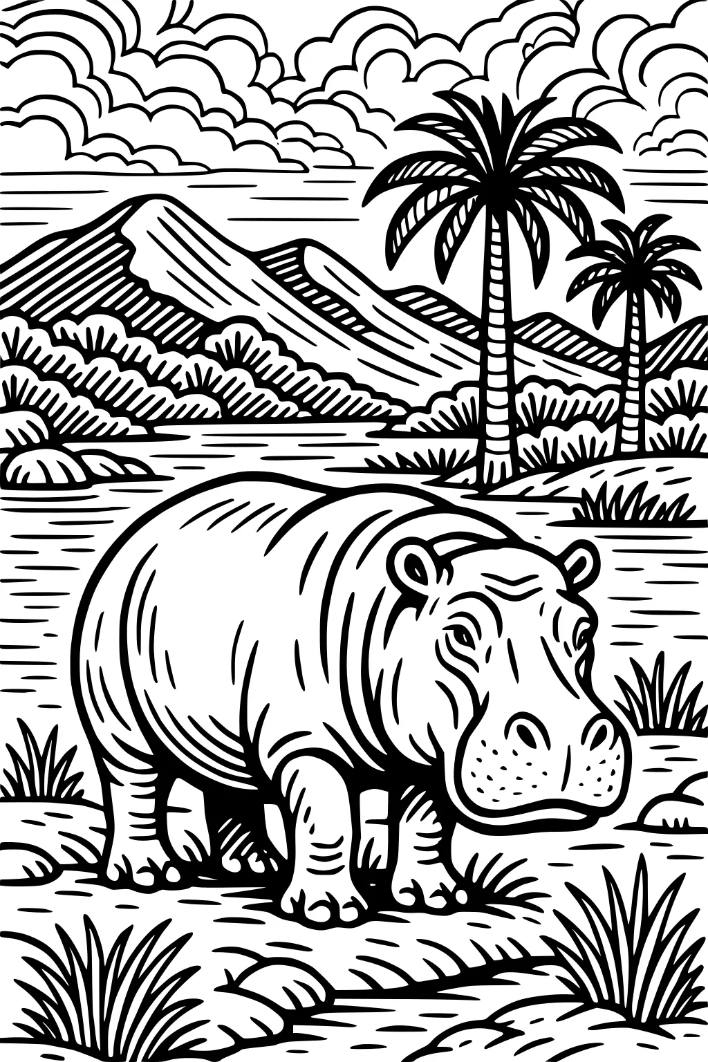 A hippopotamus stands on a riverbank with palm trees, bushes, and mountains under a sky filled with clouds.