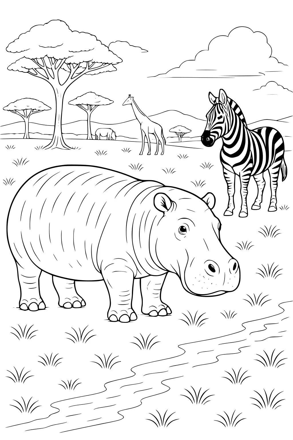 Hippopotamus by a stream with zebra, giraffe, and trees on the grassy African savanna.