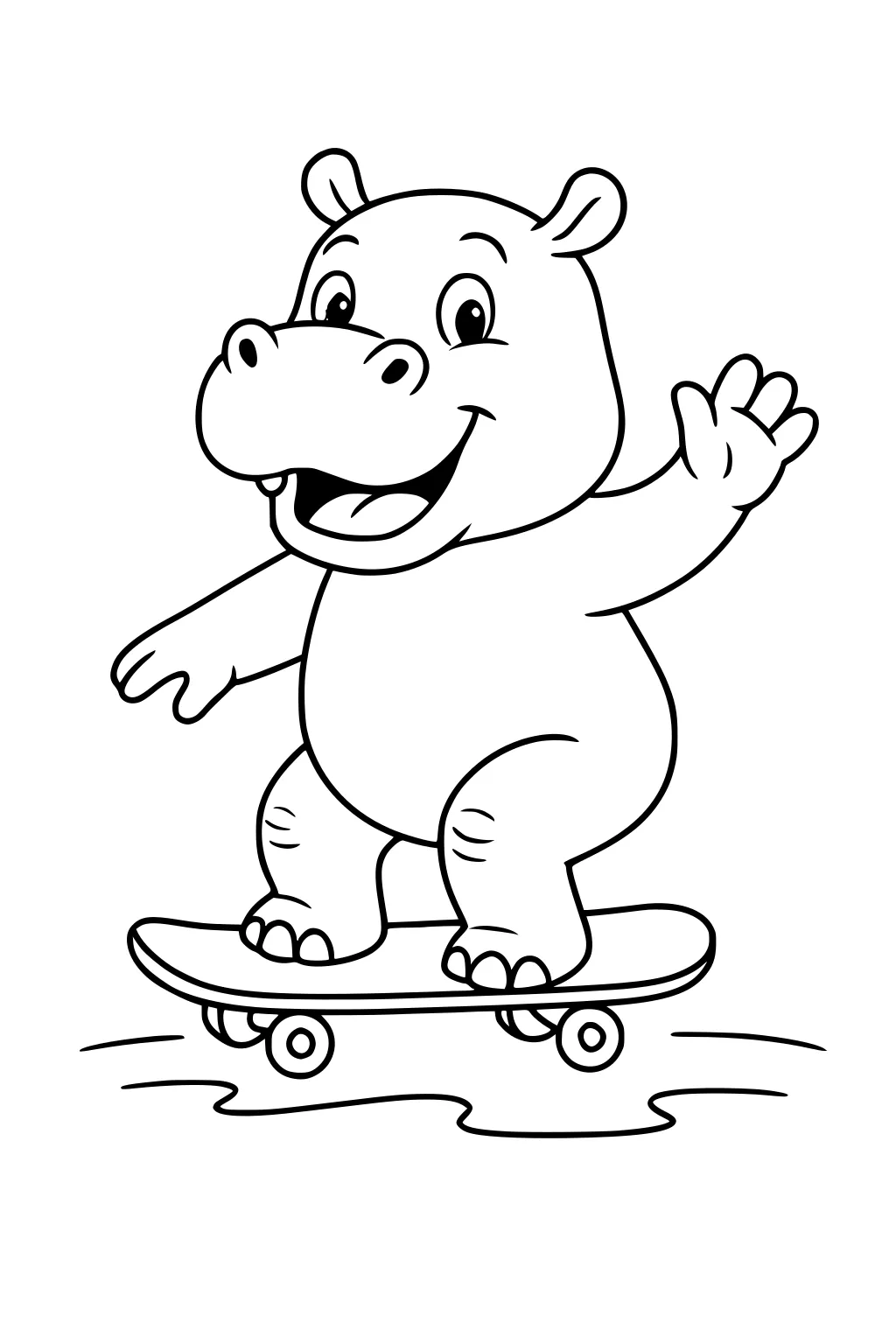 Cartoon hippopotamus smiling and waving while riding a skateboard, with motion lines below the skateboard.