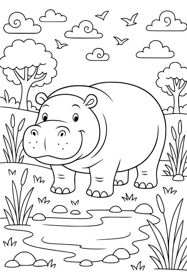 A Big Hippo by the Shiny Pond