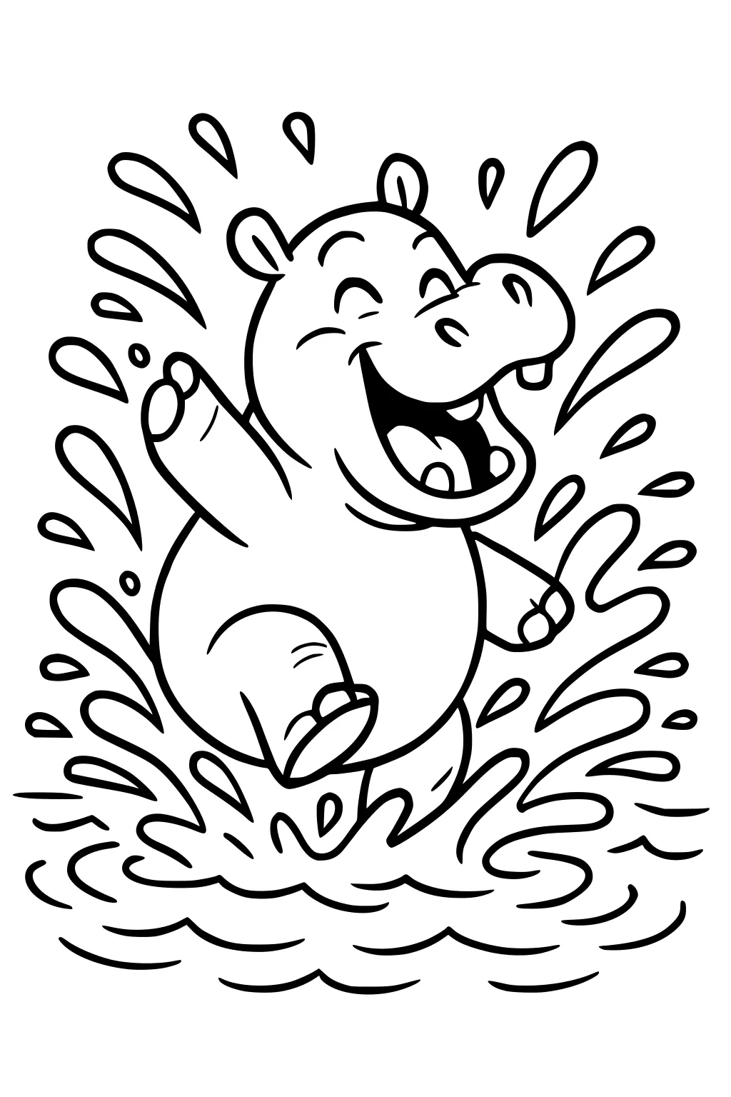 Cartoon hippopotamus laughing and jumping in water with splashes all around.