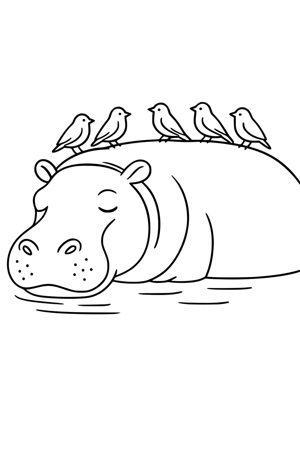 A sleeping hippopotamus with five birds standing on its back in shallow water.