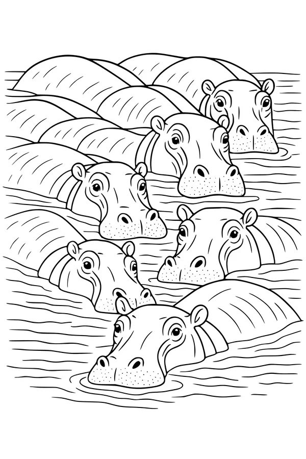Peeking Hippos in the Wavy River